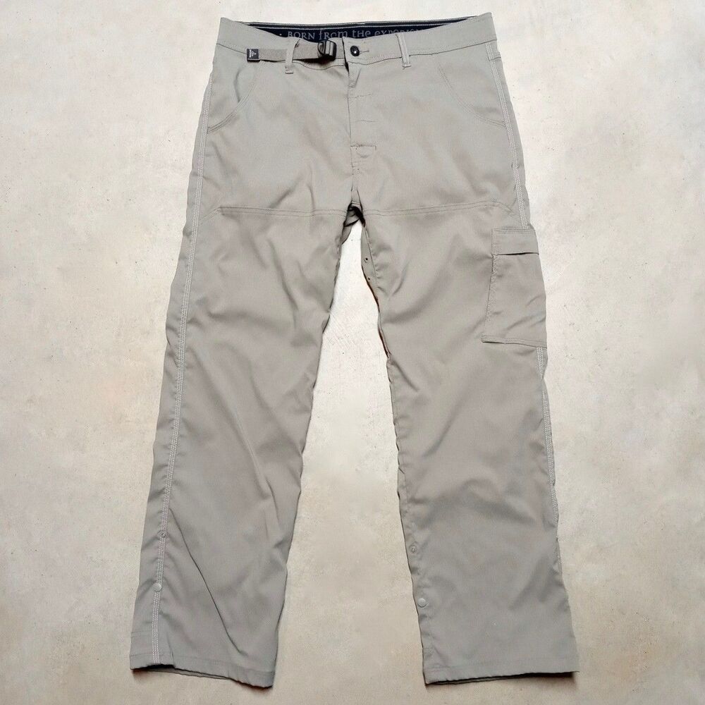 Prana Stretch Zion Straight Pants Hiking Belt Roll Snap Up Beige Men’s Large 32L